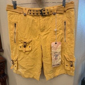 NWT~Da-Nang Butter Rum Yellow Y2K Silk Blend Belted Cargo Bermuda Shorts-Medium
